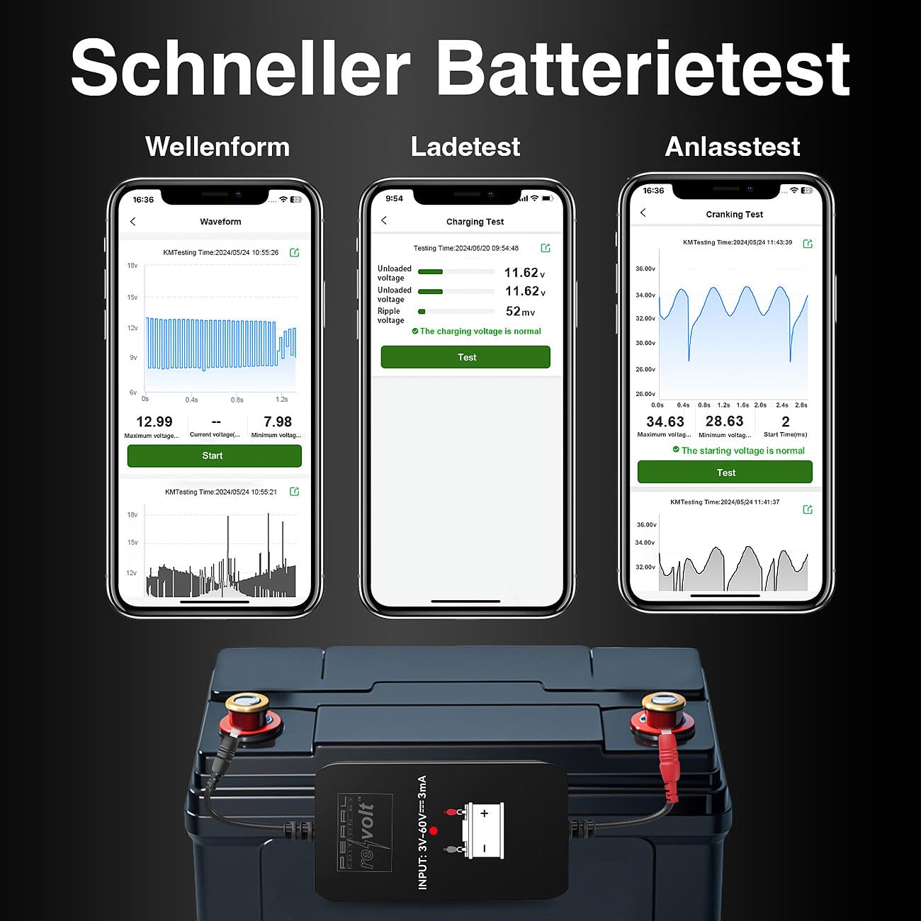 Lescars Monitor Batteria: Set da 4 Monitor della Batteria per Auto, per batterie da 6 a 48 V, Monitoraggio della Tensione Tramite App, Bluetooth (24V, Tester, 12 Volt)