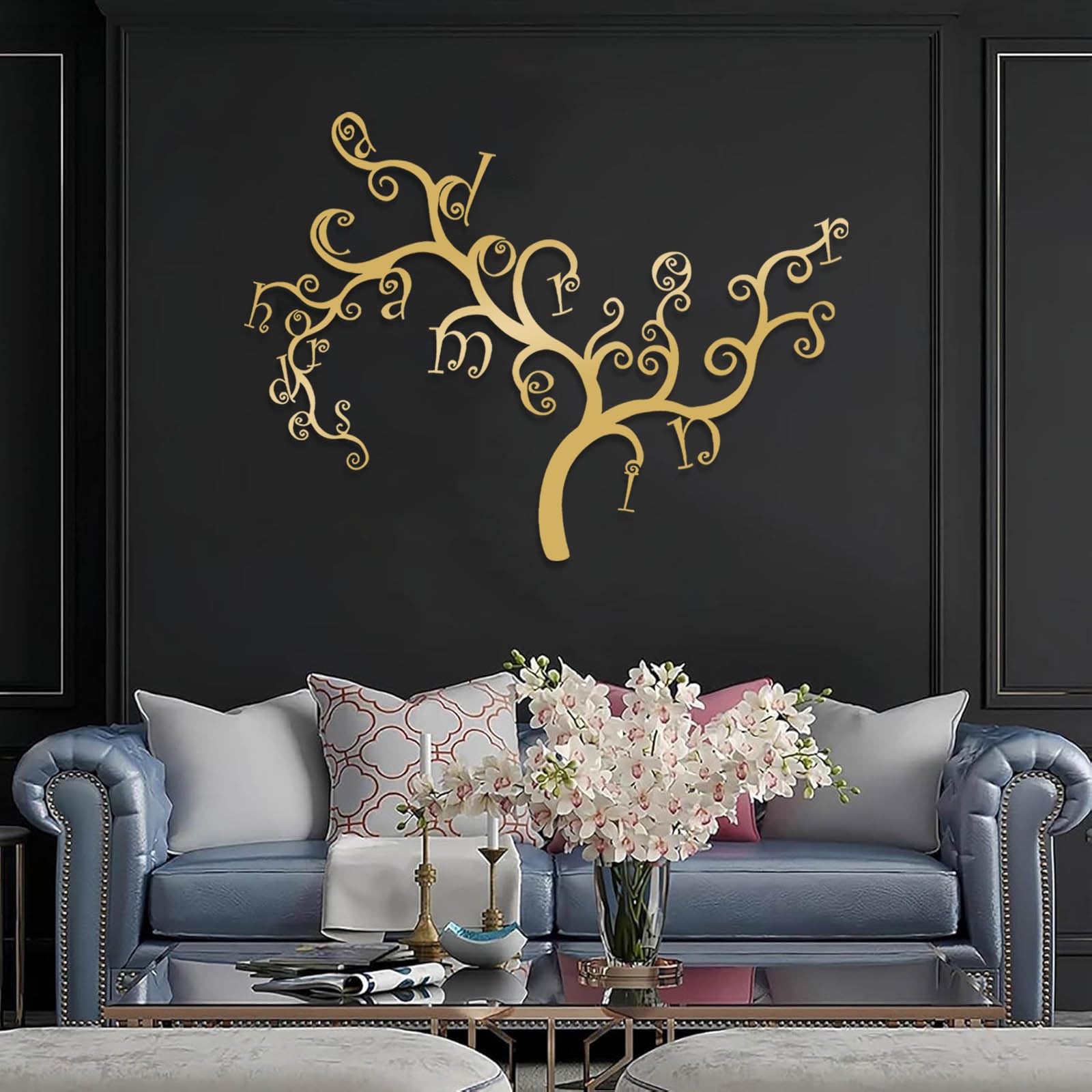 Großes abstraktes Wandbild aus Metall, Lebensbaum-Monogramm-Schild, Buchstabendekoration, Familienkunst, modernes Naturmotiv zum Aufhängen, Wanddekoration für das Wohnzimmer (Silbe
