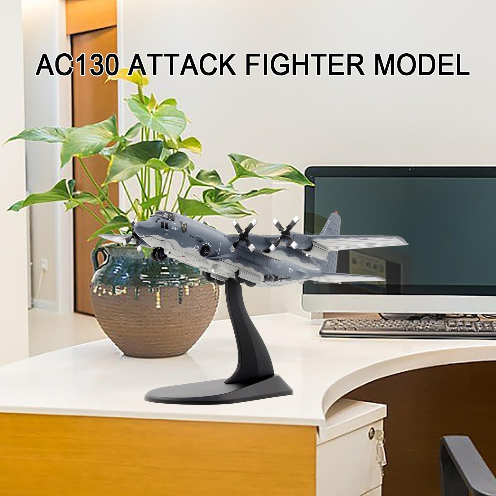 Modello aereo combattimento militare AC130 in scala 1:200, pressofuso, con eliche rotanti metallo, espositore for aereo, regalo collezione for adulti, decorazione for ufficio