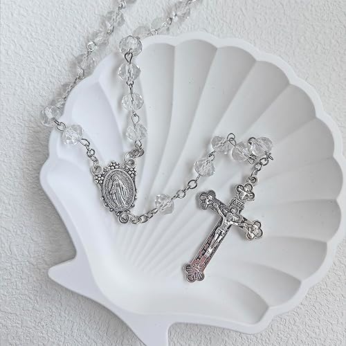 Miniatura 3 de Collar de cuentas de cristal de rosario católico con medalla milagrosa Crucifijo Crucifijo Rosario de comunión