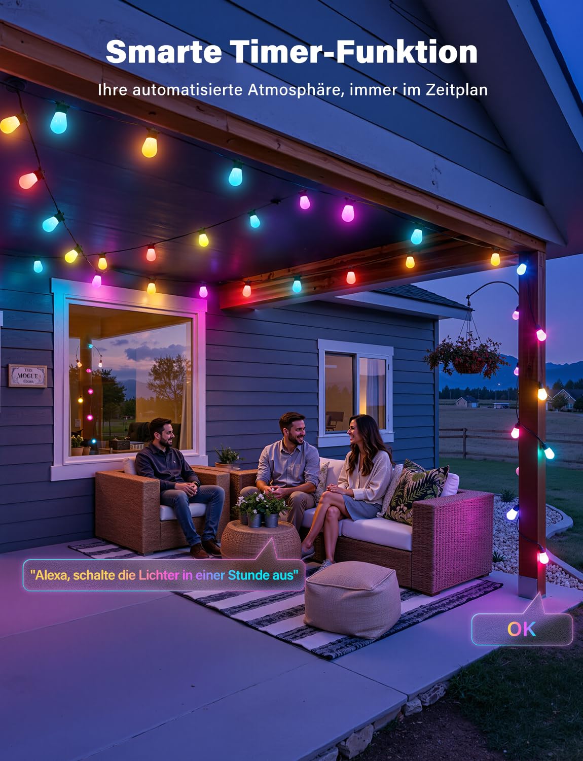 Ollny Lichterkette Außen 15M, RGBW S14 LED Lichterketten Outdoor Strom Dimmbar, 90+ Szenenmodi, App-Steuerung, Funktioniert mit Alexa, Google Assistant,IP65 Gartenbeleuchtung für Garten Party Terrasse