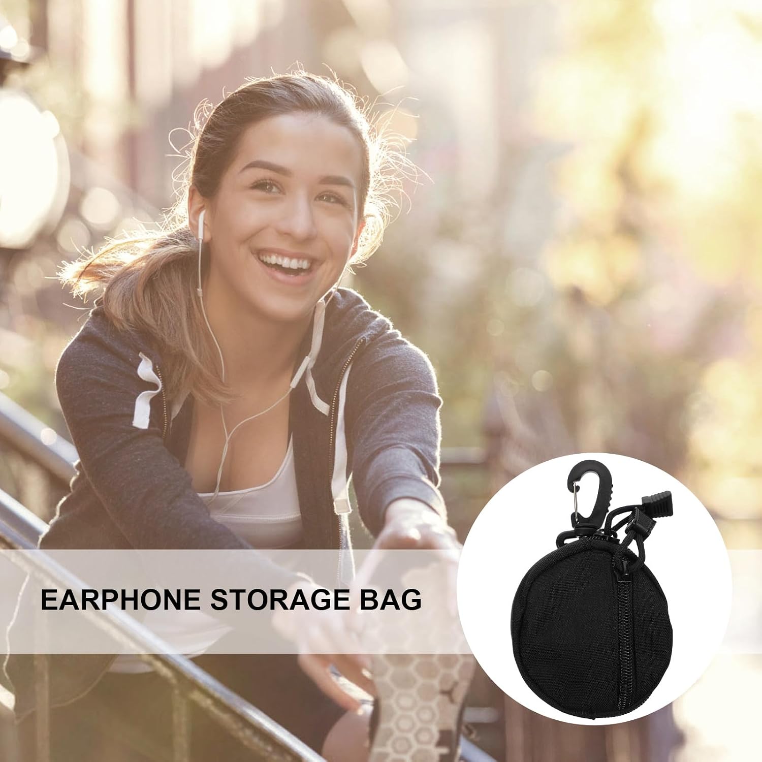 Portable Headphone Storage Bag and Utility Pouch, Black Polyester Hanging Pouch with Compact Design for Outdoor Sports and Travel