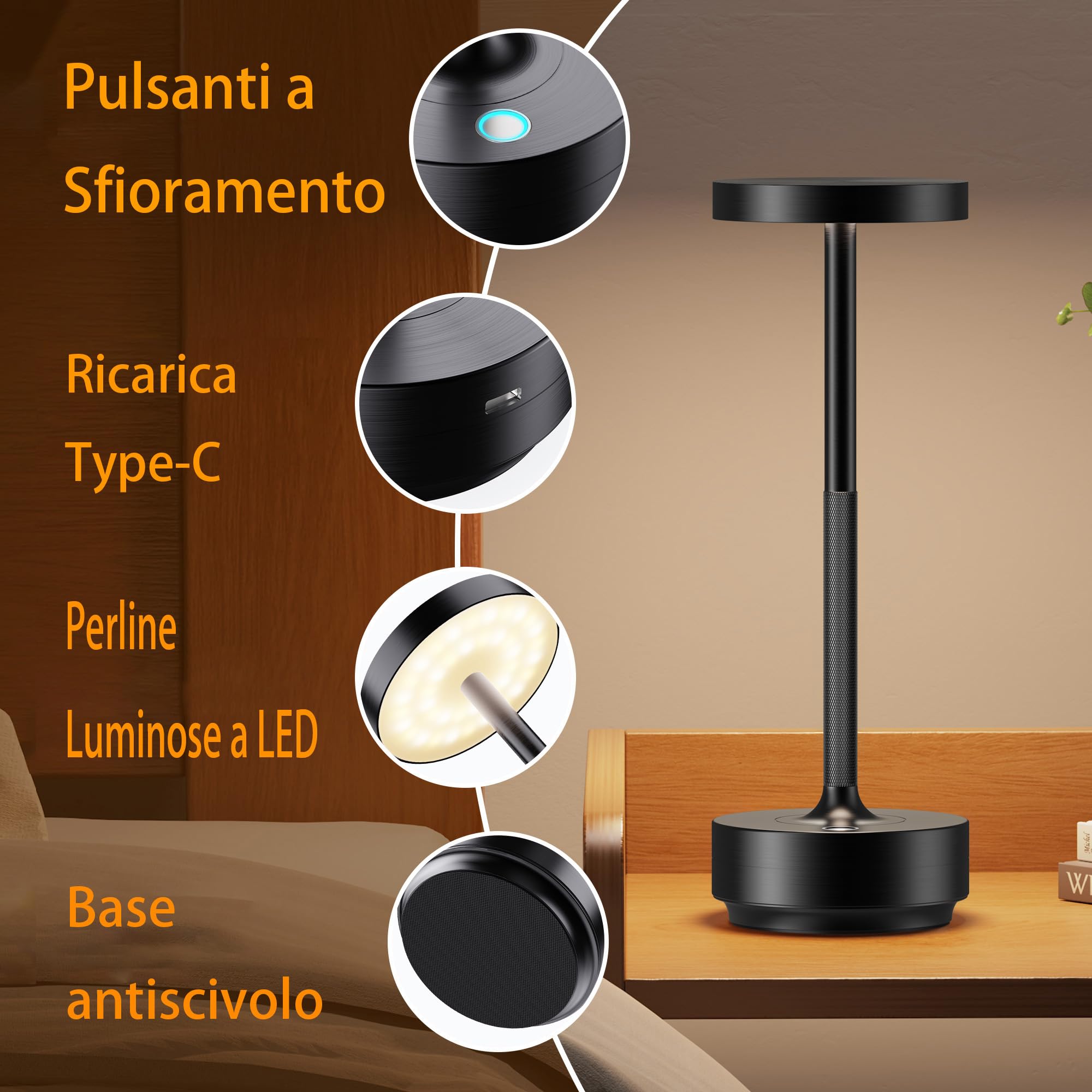 Lámpara de mesa inalámbrica LED recargable regulable 5000 mAh 3 modos de luz uso interior/exterior batería larga duración portátil USB-C lámpara de mesa (negro)