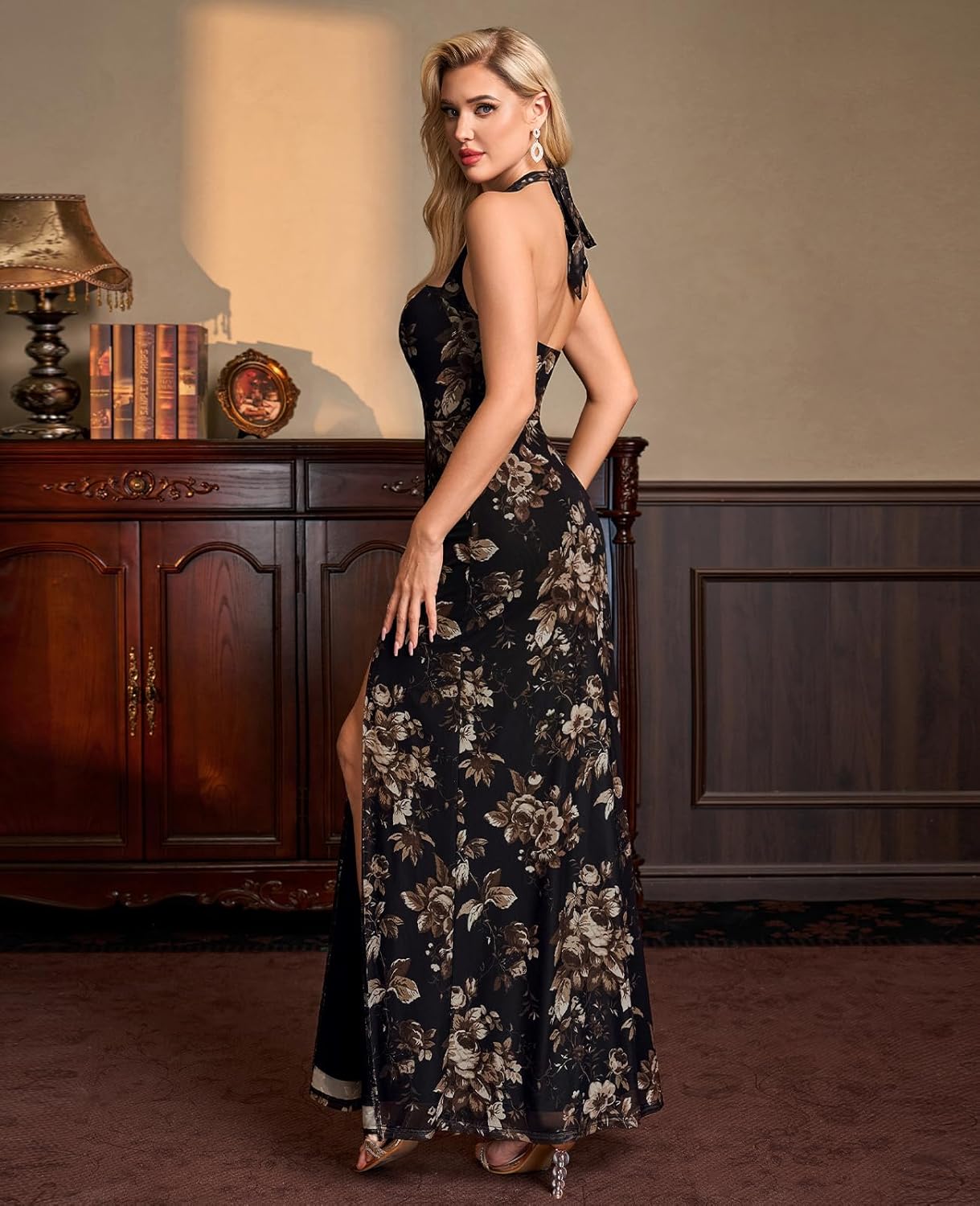 XinFSh Women's Halter Wedding Guest Maxi Dress Floral Mesh Bodycon High Slit Long Formal Cocktail Party Dresses 2026
