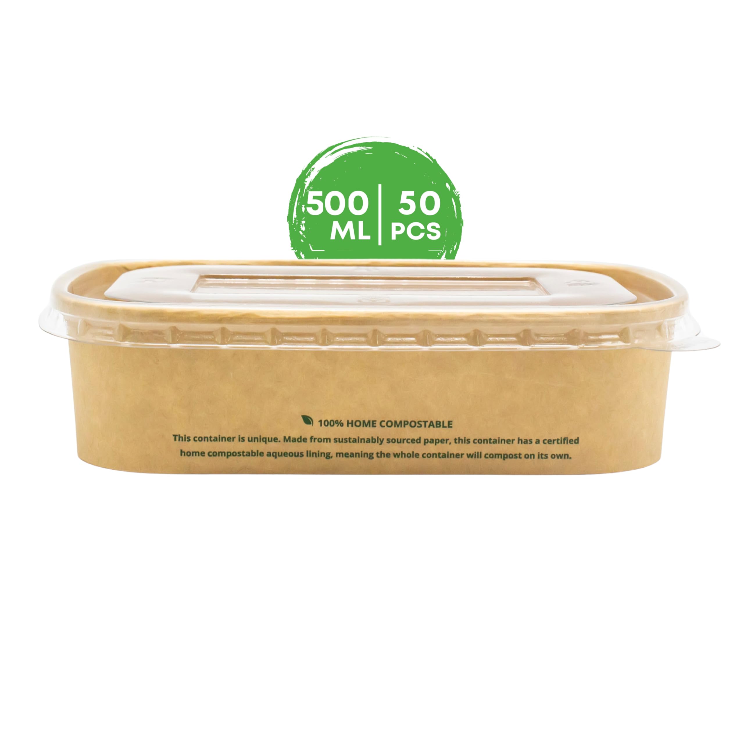DISPOSABLE GREEN - NEXTGEN Rectangle Kraft Paper Container with RPET Clear Lid, Food/Salad Bowl, Leakproof-&-Oil-Proof Containers, Repulpable & Disposable Bowls, 500ml