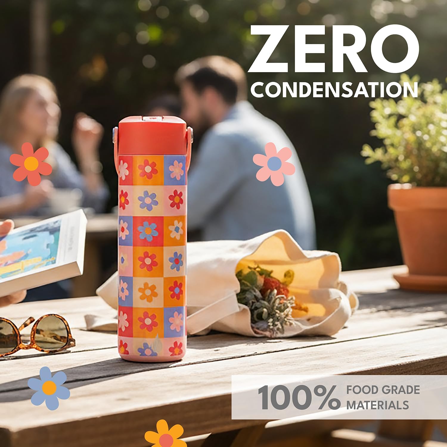 Elemental 24oz Insulated Water Bottle with Straw - 100% Leak-Proof Stainless Steel Core Water Bottles for Travel, Sports and Gym - Double Wall Insulation & BPA Free - Checkered Flower