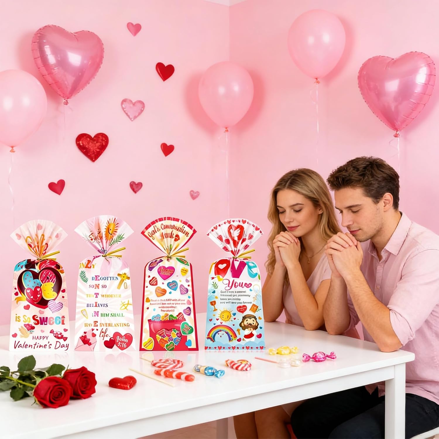 HOWAF Christian Valentine's Day Candy Bags Bulk, Bible Verse Valentines Cellophane Bags for Christian Candy Church Sunday School Supplies, Inspirational Jesus Loves You Gift Bags with Twist Ties for Religious Valentin's Day Favors - Image 7