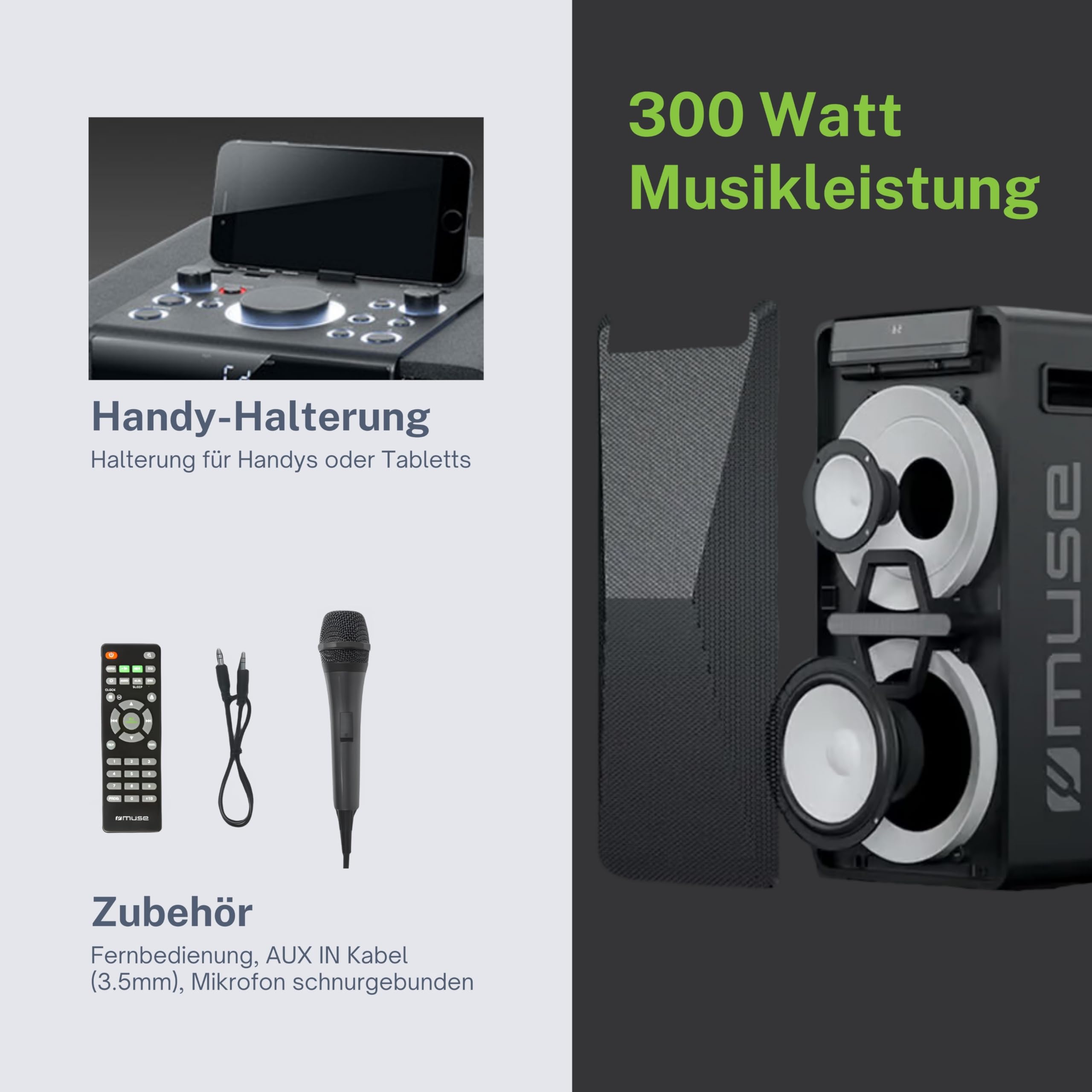 Muse DJ PA-Anlage 300 Watt Akku Bluetooth CD Licht-Effekten schwarz