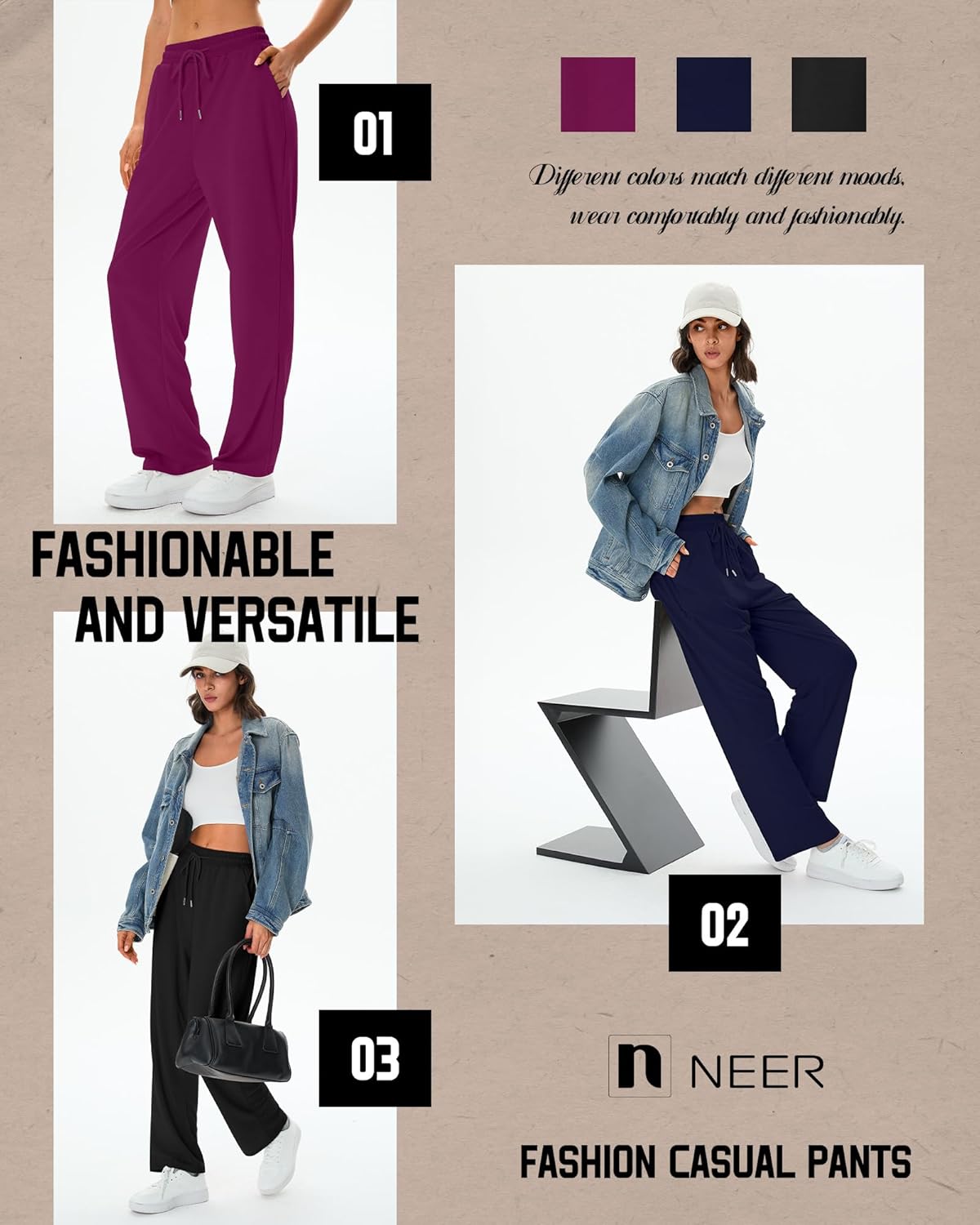 Neer 3 Pack Women's Sweatpants with Pockets, High Waisted Casual Yoga Pants Cozy Lounge Drawstring Loose Wide Leg Jogger - Image 6
