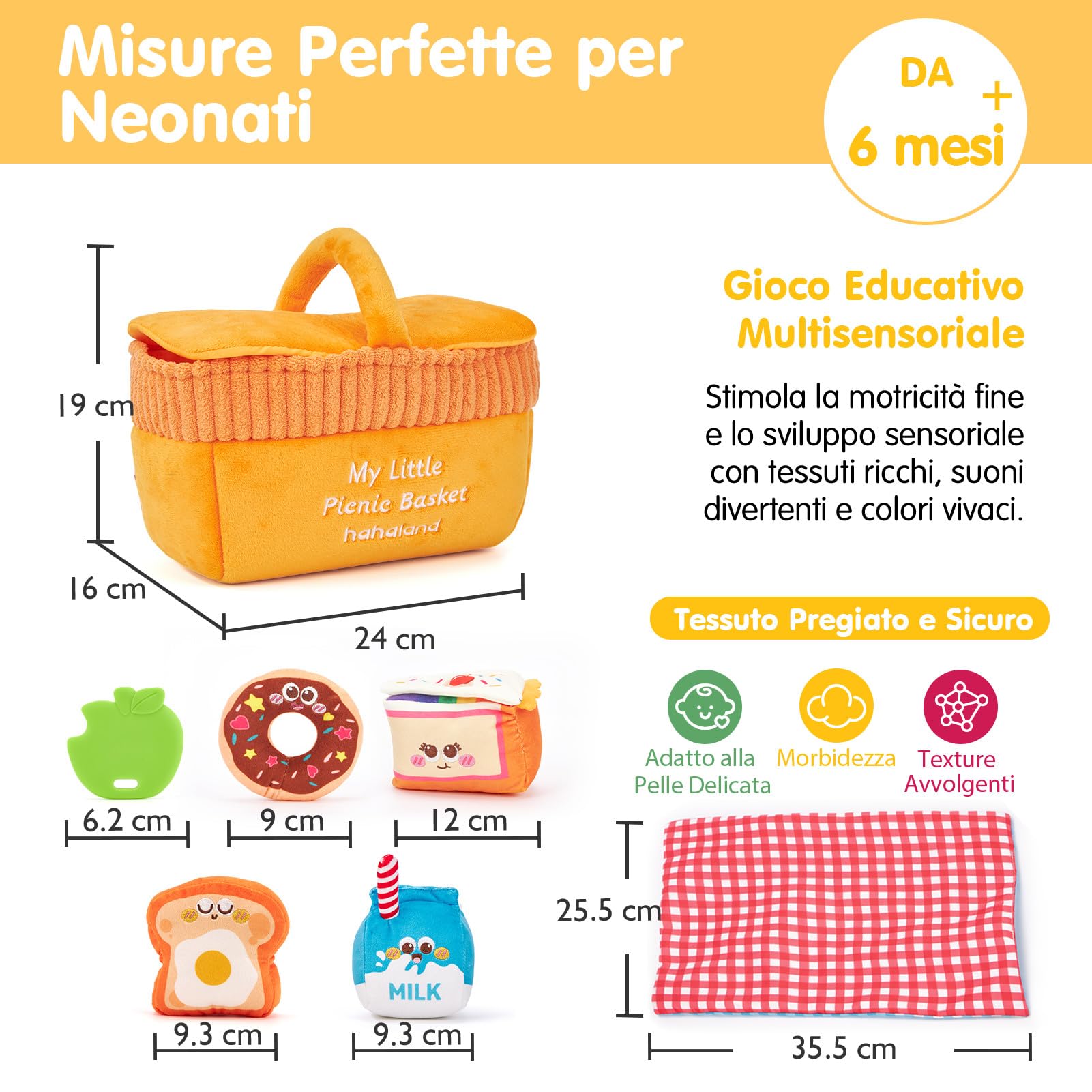 hahaland Giochi Sensoriale Neonato 6-12 Mesi, Kit da Picnic in Stoffa con Sonaglio/Specchio, Cestino da Picnic Morbido Gioco Educativo per Bimbo Bimba Montessori 6 Mesi, Regalo Bambini 1 Anno