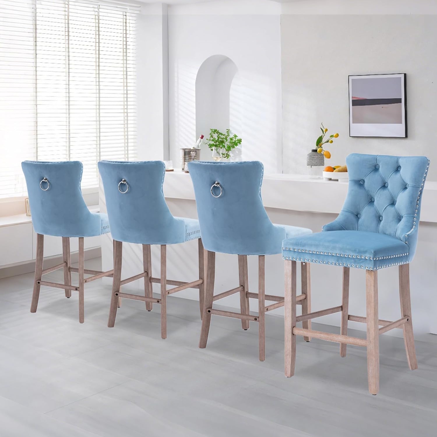 Elegant Velvet Bar Stools Set of 4,Delicate Upholstered Counter Height Barstool with Backrest,Wooden Legs Design for Kitchen Islands & Pubs（Sky Blue）