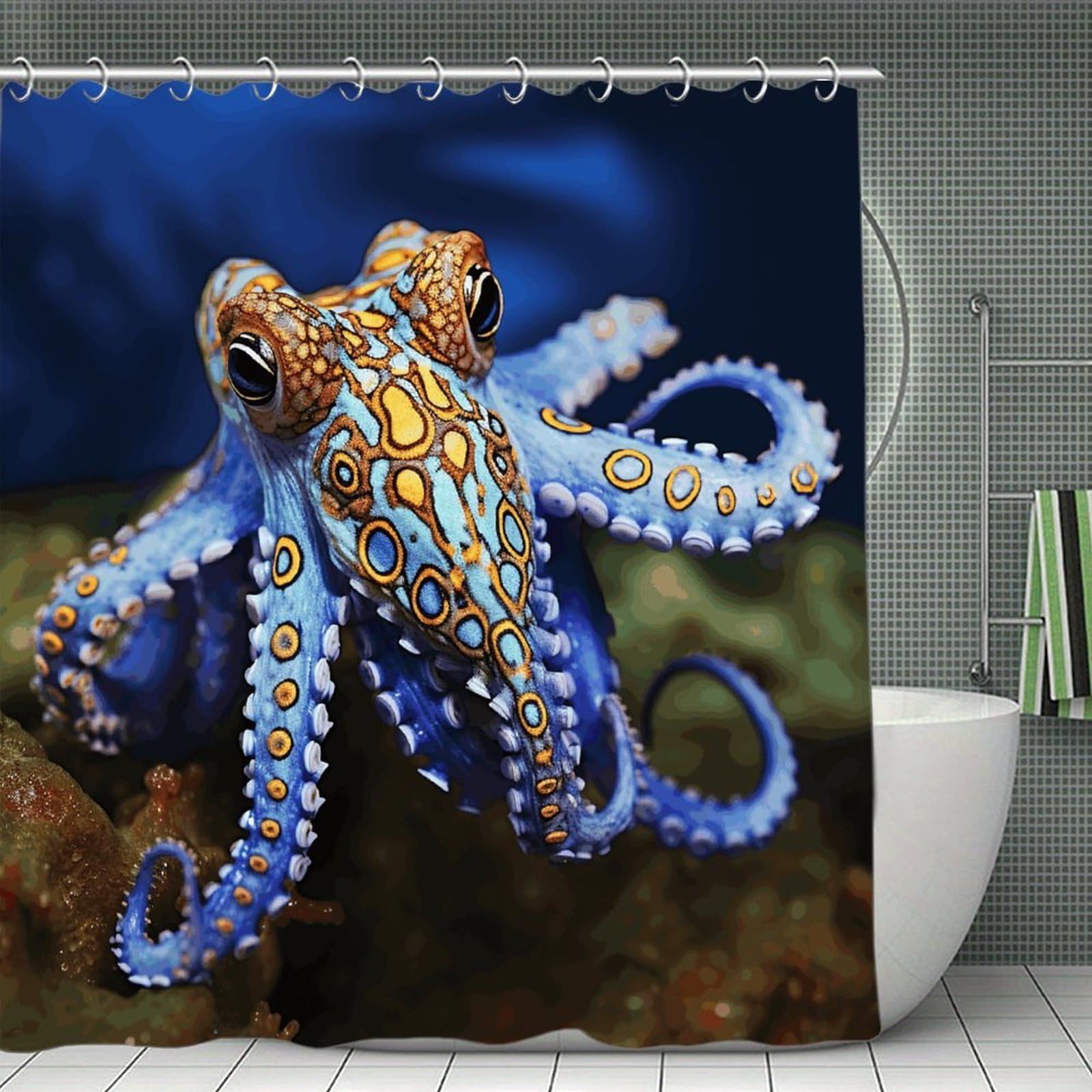 VstaDank Blue Ringed Octopus Bath Curtain Elegant Heavy Duty Shower Curtains 70x70 in Rustic Farmhouse Cloth Shower Curtains Neutral Modern Bath Curtain for Bathroom