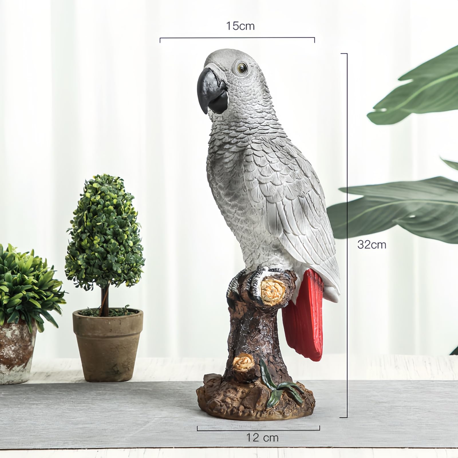 Figura Loro Yaco Gris de Cola Roja 32cm Estatua de Resina Ave
