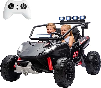 MOOITZ 24V Real 2-Seater Kids UTV with 4x200W Motor, 3-6MPH Ride On Car for Kids Aged 3+, Music Function, 4 Spring Suspension, 20" Spacious Seat, Black
