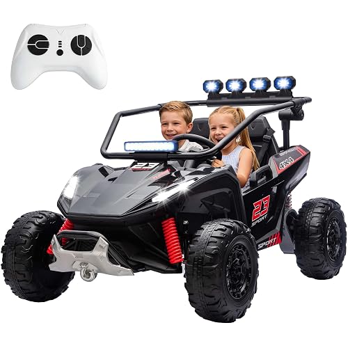 MOOITZ 24V Real 2-Seater Kids UTV with 4x200W Motor, 3-6MPH Ride On Car for Kids Aged 3+, Music Function, 4 Spring Suspension, 20" Spacious Seat, Black
