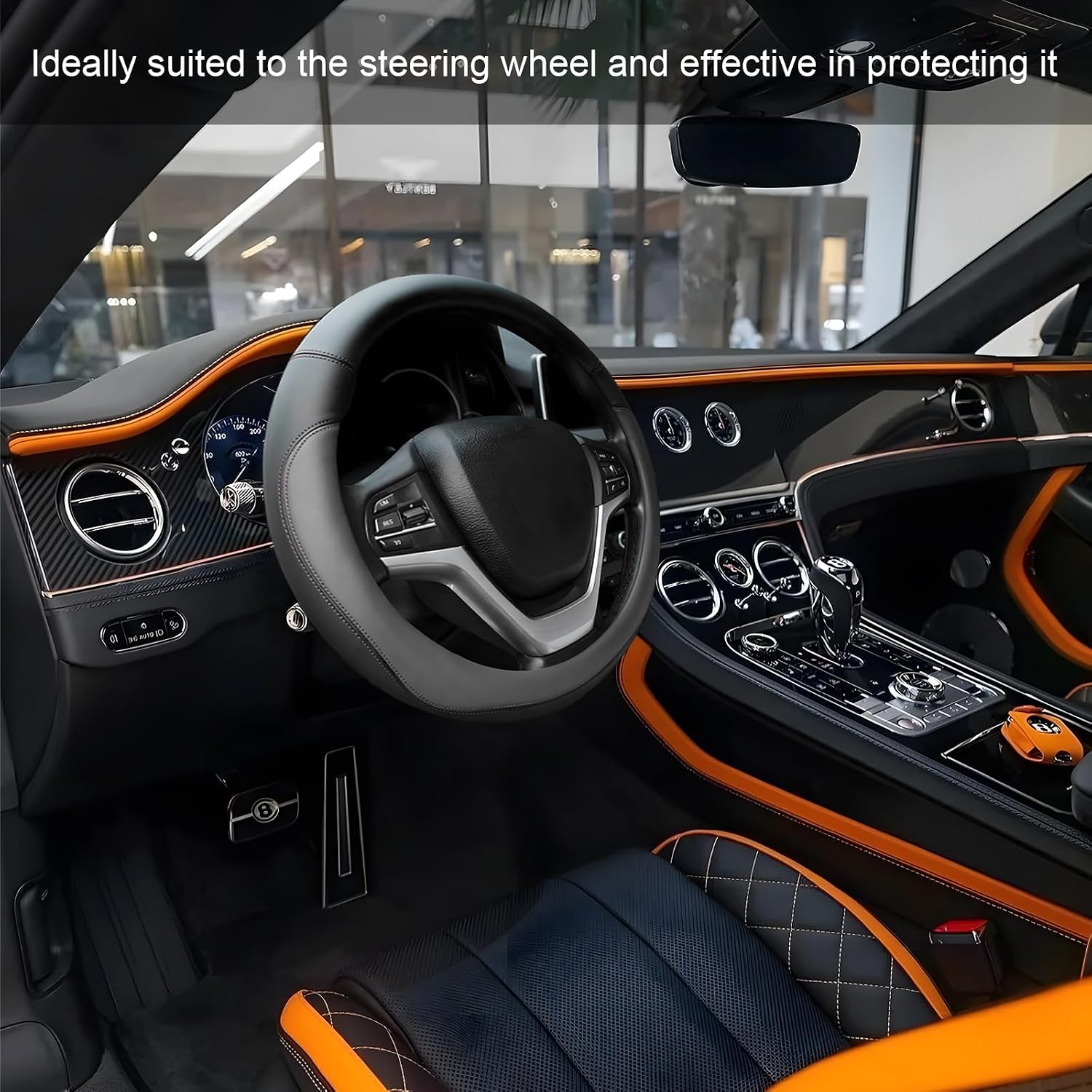 Leather Steering Wheel Cover, Anti-Slip Full Surround Car Wheel Protector with Comfortable Grip, Universal Elastic Decorative Cover Fit for 14 1/2-15 Inch Steering Wheels (Gray)
