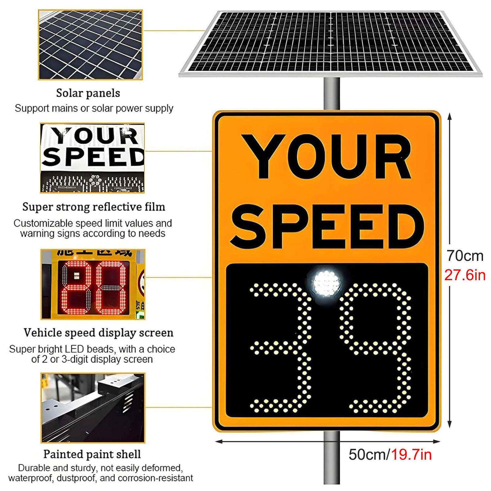 Señal de Radar de Velocidad para Vecindario, Señal de Detección de Velocidad con Energía Solar, Indicador LED Intermitente de Límite de Velocidad para Escuela de Muelle de Aeropuerto