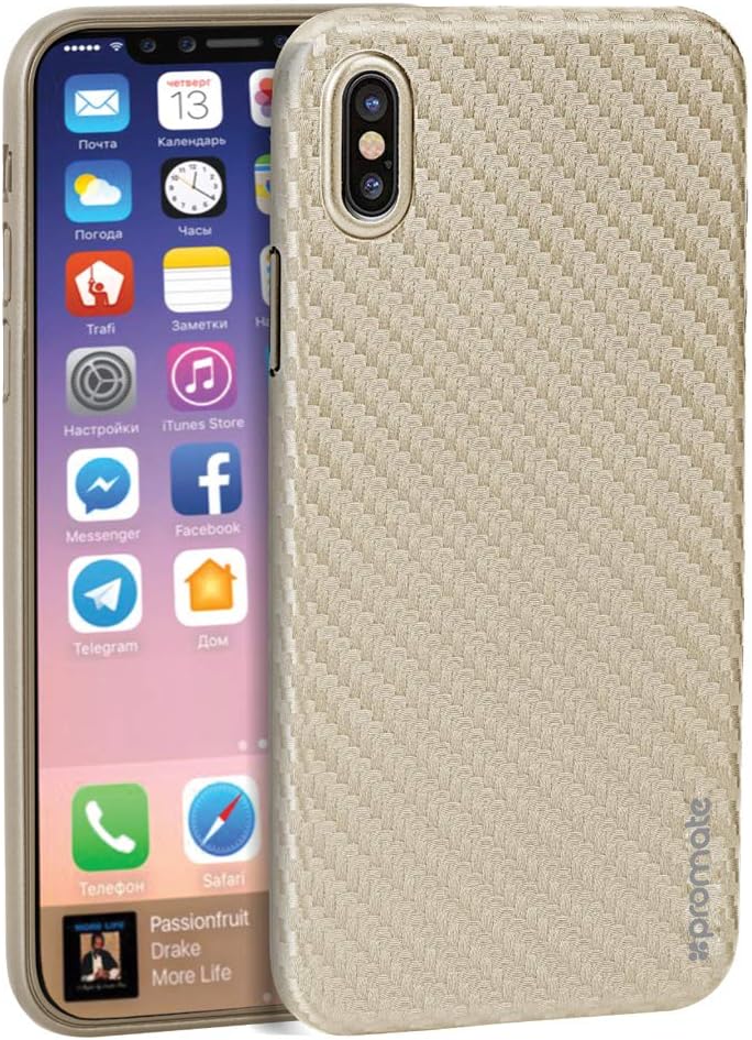 Promate iPhone X Case Cover, Carbon Fiber Pattern Premium Quality Slim Case Fit with Protective Shockproof and Drop Protection for Apple iPhone X/iPhone 10, Carbon-X Gold