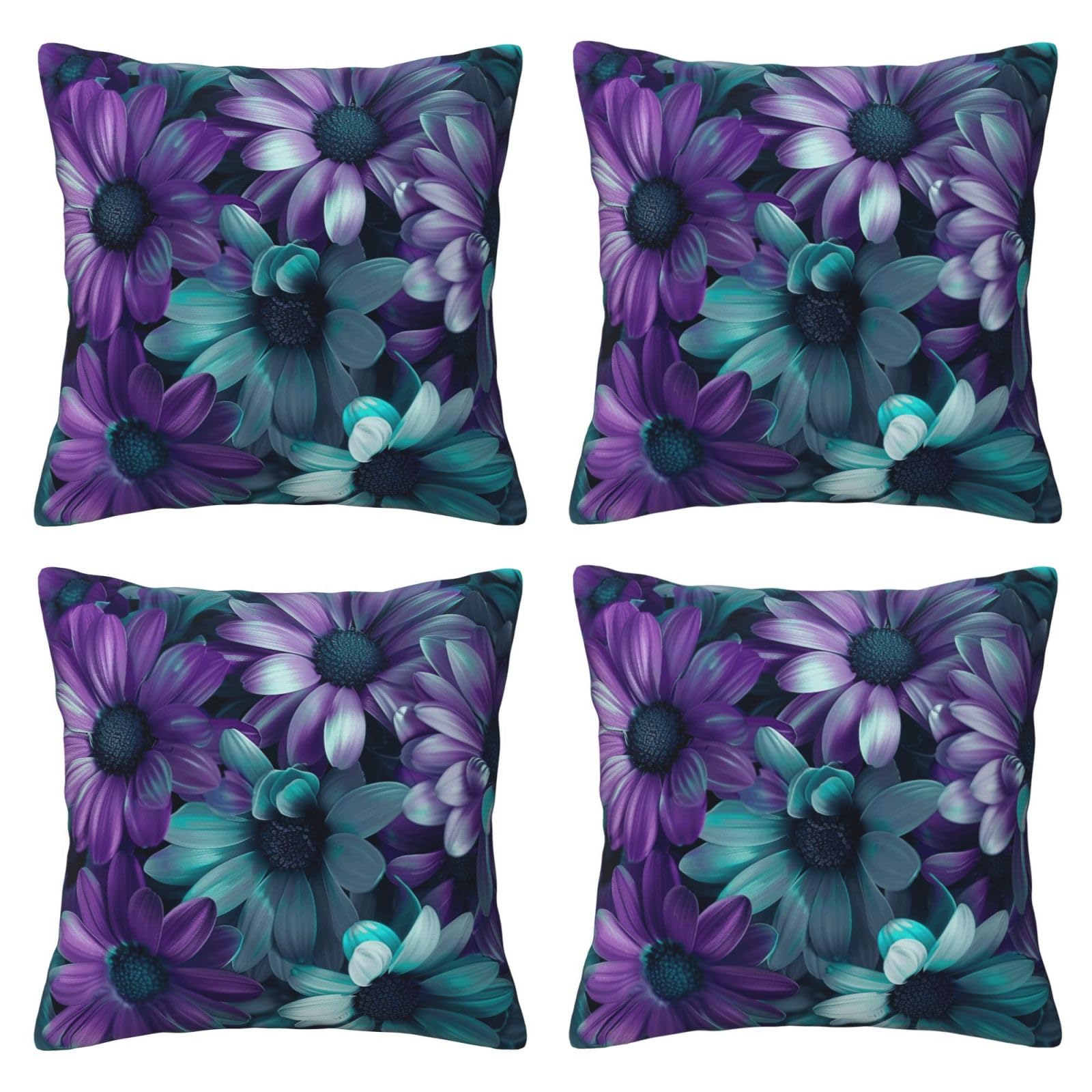 purple and teal flowers Throw Pillow Cases 4 Pack Square Pillowcases Super Soft Pillow Protectors With Zipper for Couch Livingroom Sofa Bed Office Car,50x50 CM