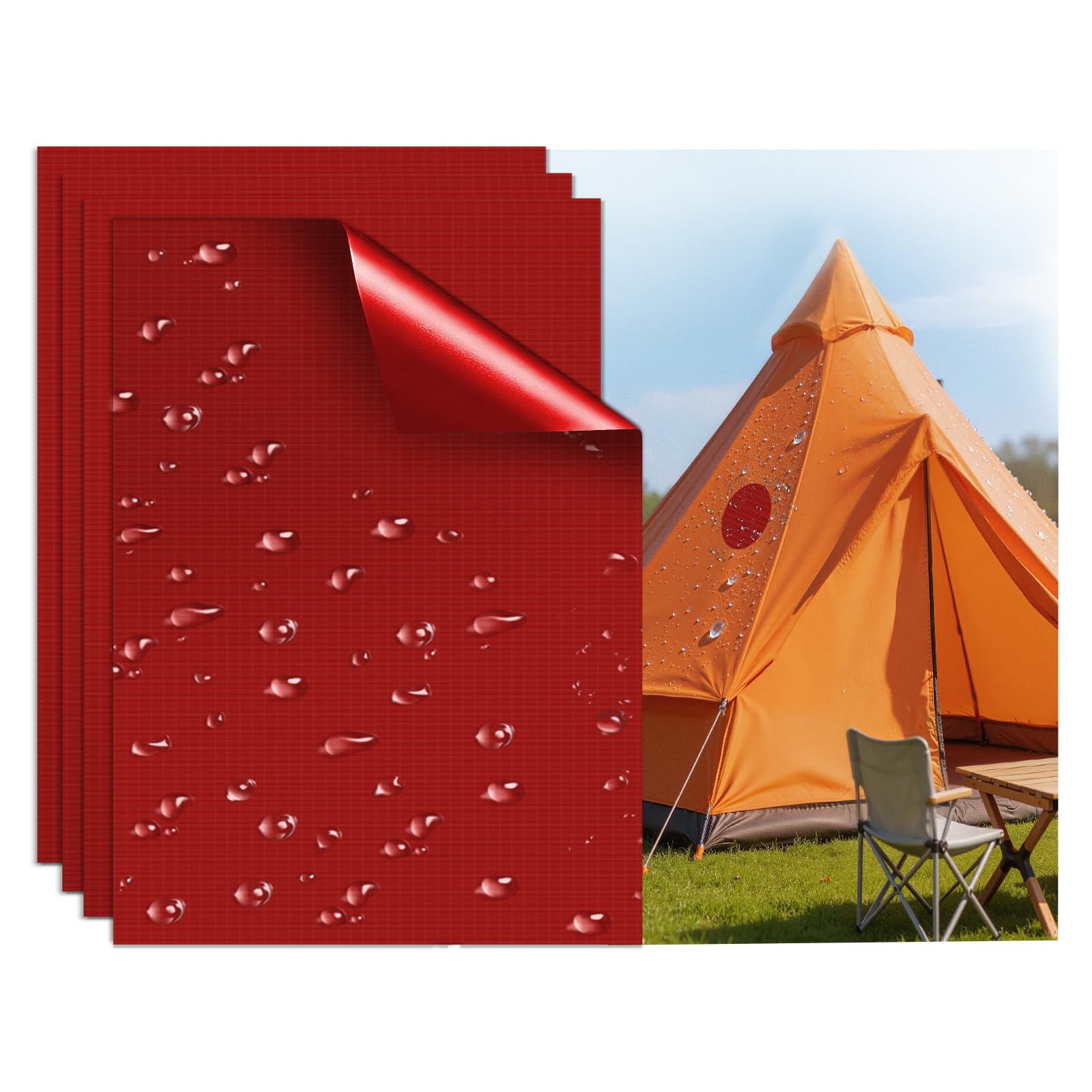 Waterproof Nylon Tent Repair Kit Patches – Outdoor Gear Ripstop Fix Fabric Repair Tape, Self-Adhesive Patches for Clothing, Down Jacket, Puffer Coat, Sleeping Bag, Backpack, 4PCS Red — image 1