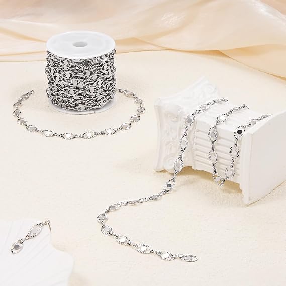 YOUBEIYEE 5 Meters Stainless Steel Chains for Jewelry Making Embossed Oval Bulk Chain Decorative Craft Chain Roll