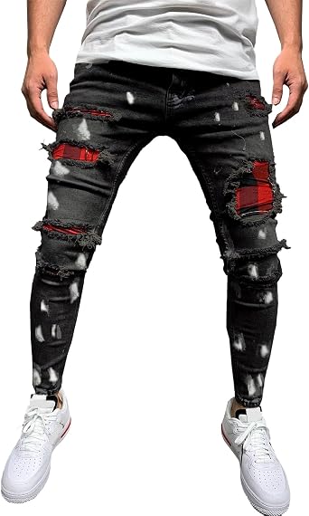 Mens Tapered Leg Comfy Biker Jean Stylish Slim Fit Ripped Jean Pants Stretch Casual Skinny Outdoor Jeans