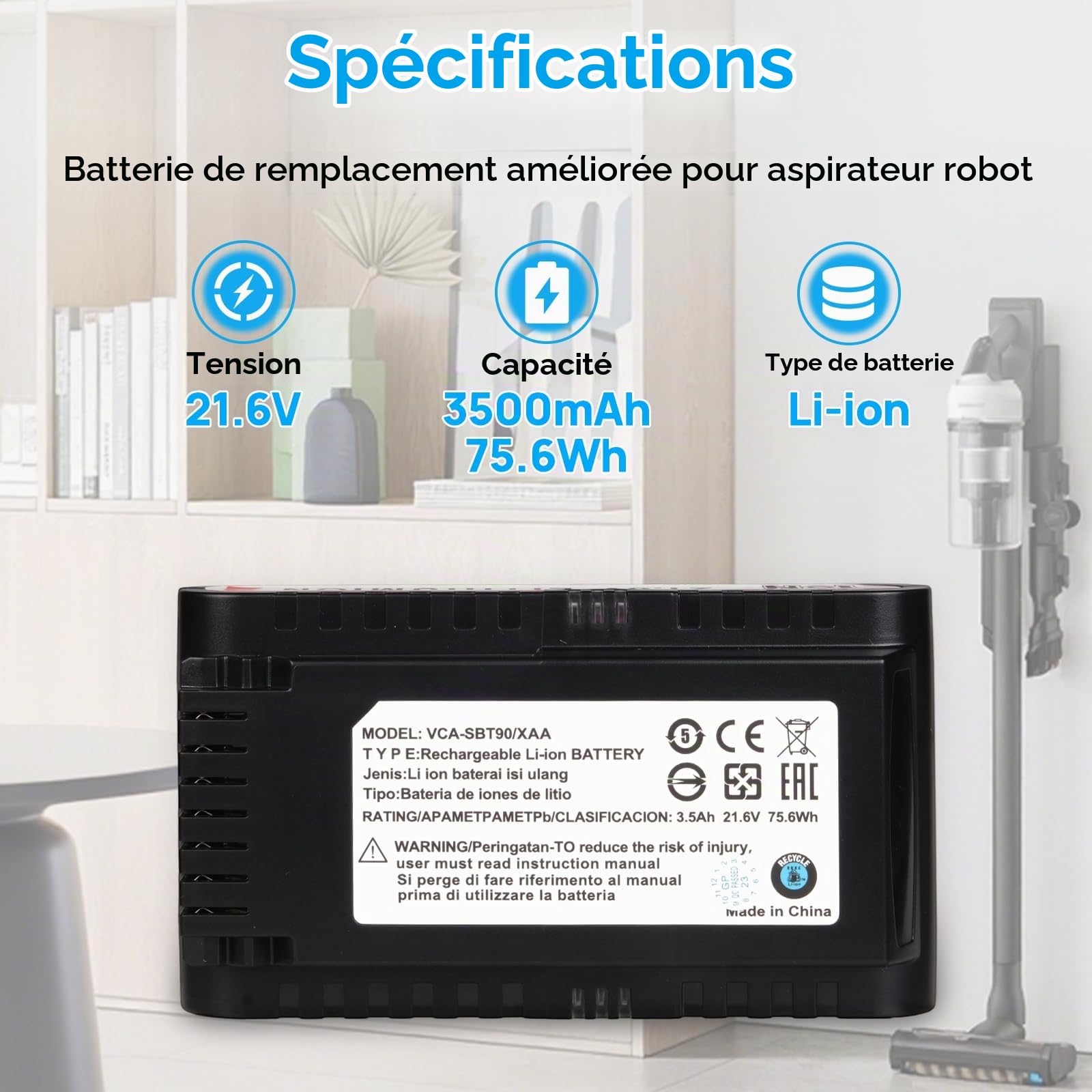 Batterie Compatible avec Samsung Jet 90 90+, Jet 70 75 75+, Jet 60 Series Aspirateurs sans Fil, Remplacement pour VCA-SBTA60, VCA-SBT90, VCA-SBT90/XAA, VCA-SBT90EB, 21,6 V 3500 mAh