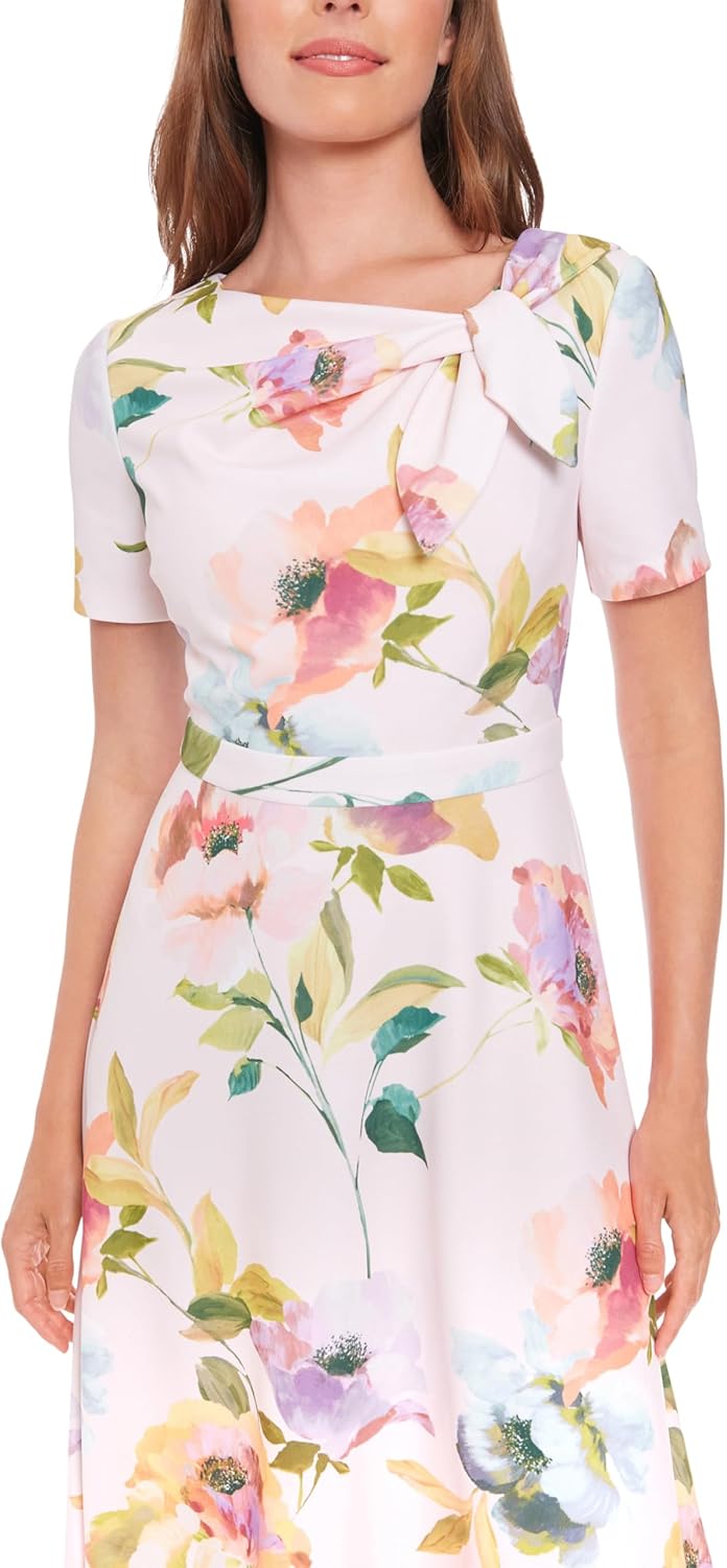 London Times Women's Women's A-line Midi Dress - Short Sleeve Fitted Waist with Bow Detail - Versatile Floral Dresses