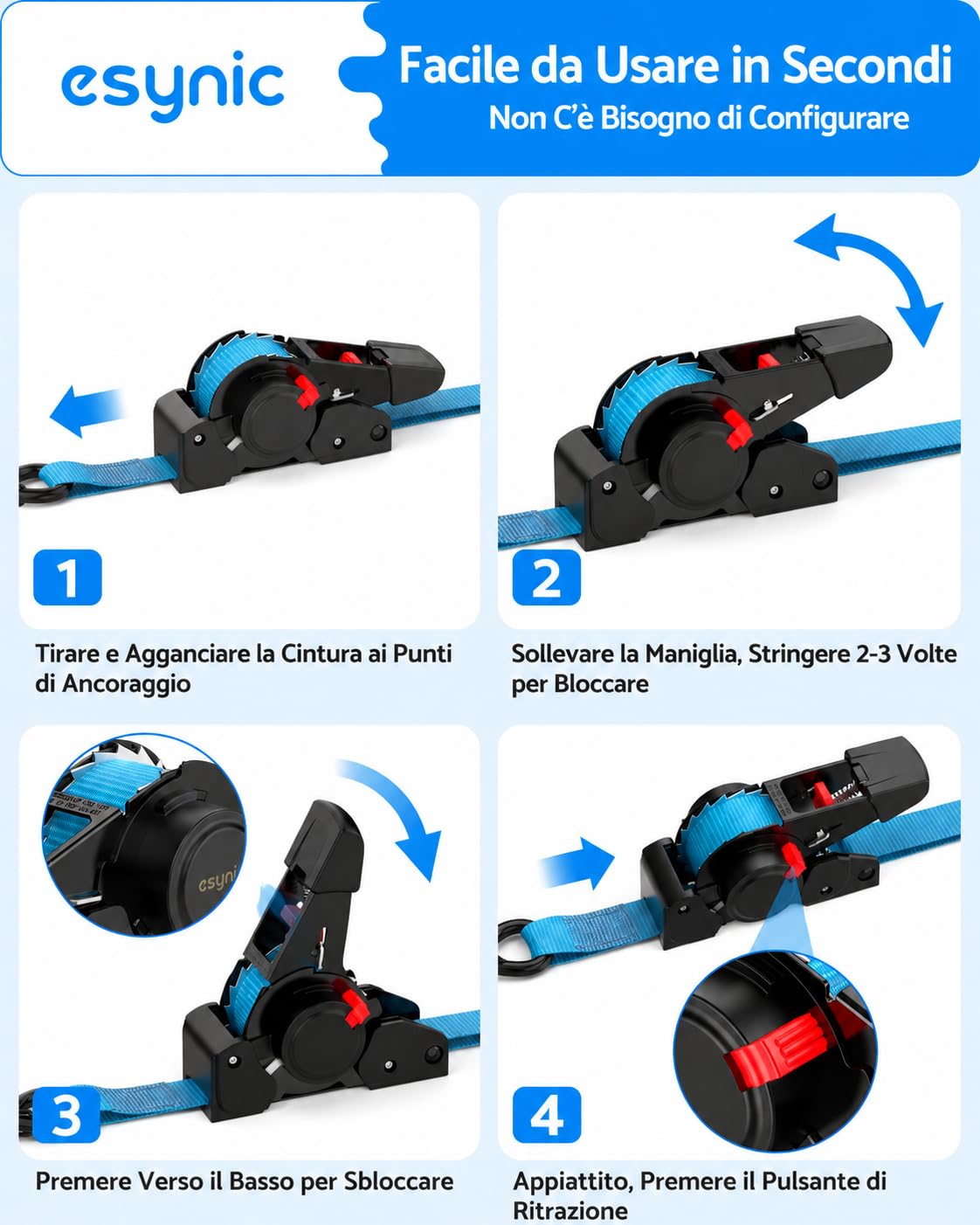 eSynic 4PZ Cinghie a Crichetto 3.5m Ritrattibili Automatico Carico 320KG, Set Cinghia di Ancoraggio Avvolgitore per Trasporto Moto Attrezzature con Gancio a Molla con Blocco, Incluse Fasce Prolunghe