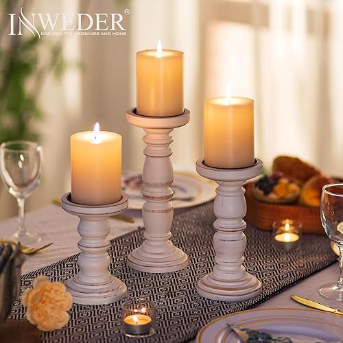 Miniatura 4 de Portavelas de madera para velas de pilar, portavelas sólido de granja (juego de 3), portavelas alto, portavelas rústico estable para decoración del