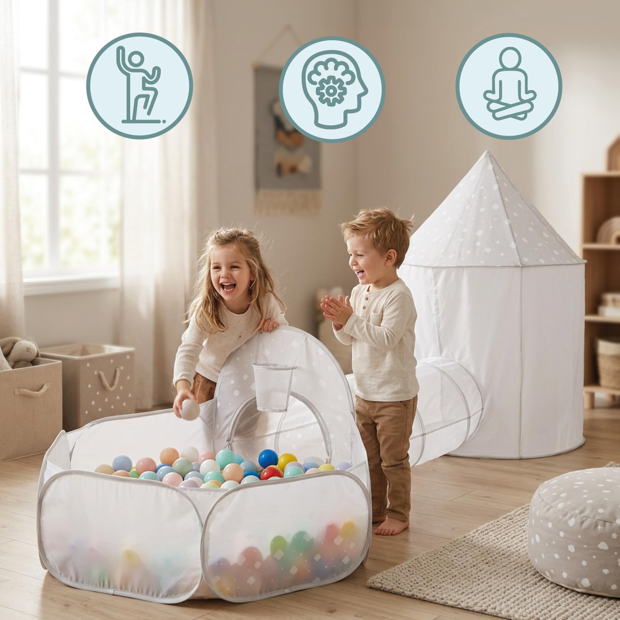 Mamabrum Spielset 3-in-1 Zelt Schloss mit Tunnel und Ballbecken, Faltbarer Spielplatz für Haus und Garten, Grau mit Weiß, Polyester, Metall, 50 x 60 x 100 cm