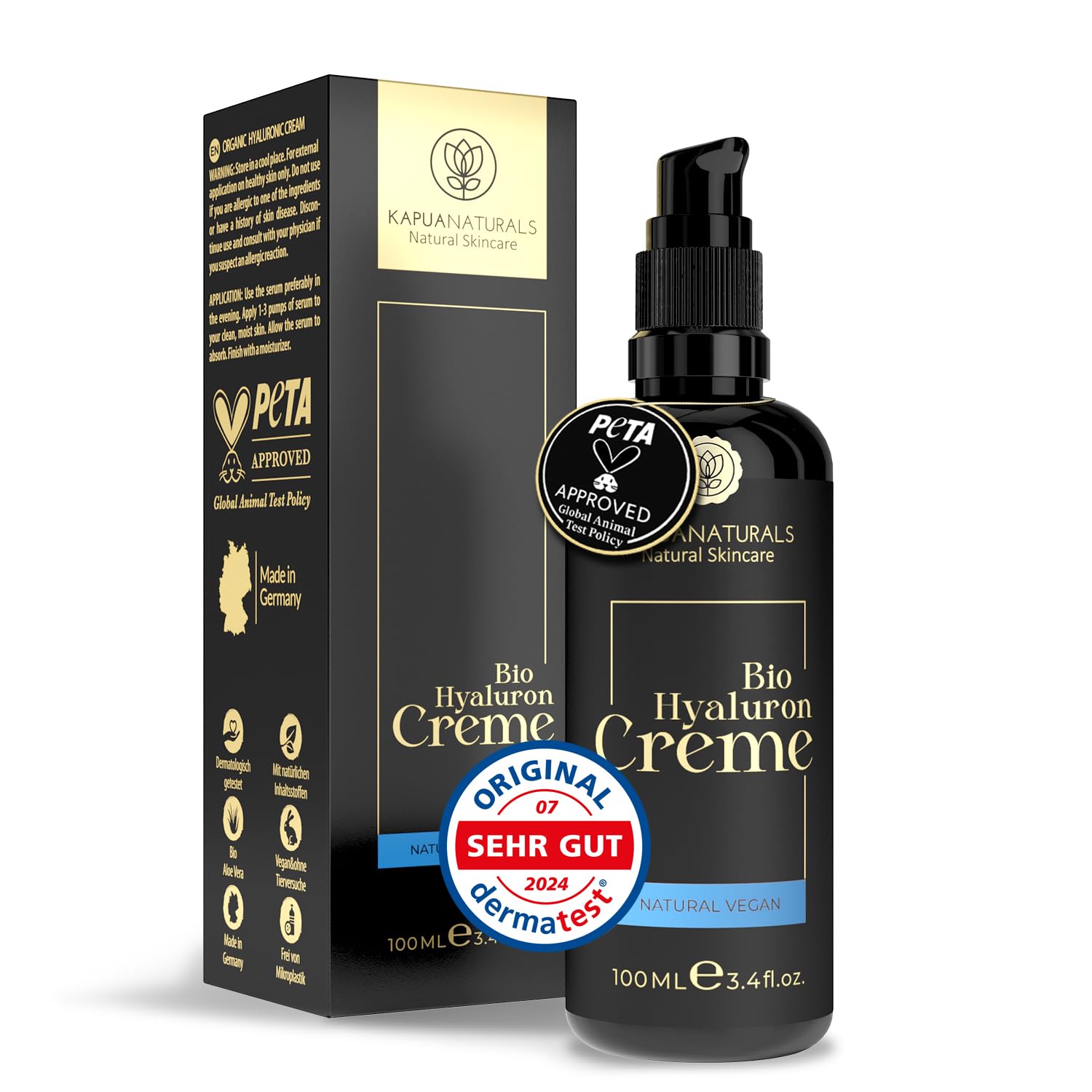 Kapua Naturals Bio Hyaluron Gesichtscreme 100ml – hochdosiert mit Arganöl, Aloe Vera & Kokosöl, 100% vegan & Bio, reichhaltige Tages- & Nachtpflege, Anti-Falten Feuchtigkeitscreme, Pumpspender