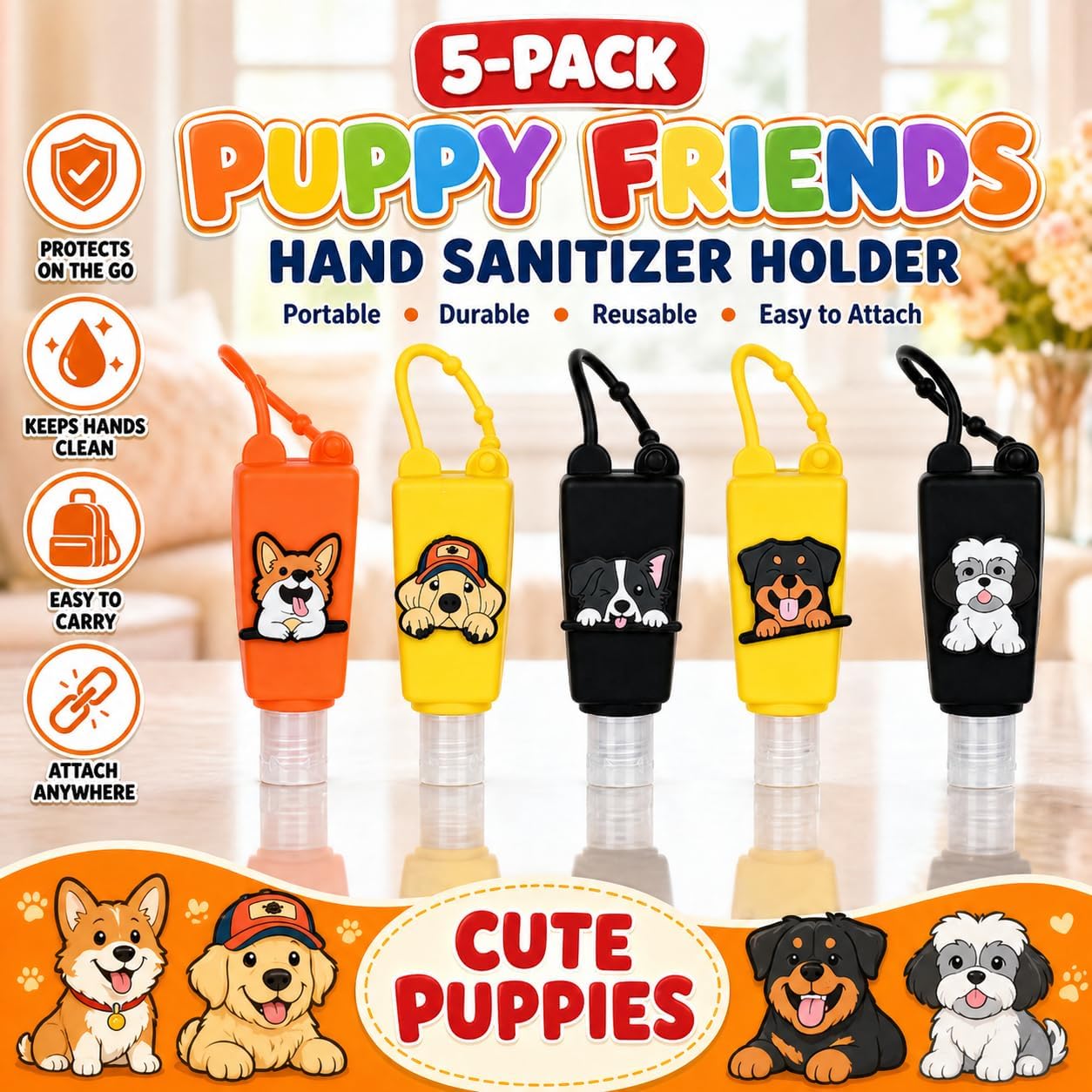 5-Pack Cartoon Kids Hand Sanitizer Holder, 30ml Travel Size Refillable Bottles with Silicone Case, Leak-Proof Portable Containers for Lotion & Liquid Soap (Puppy Pal)