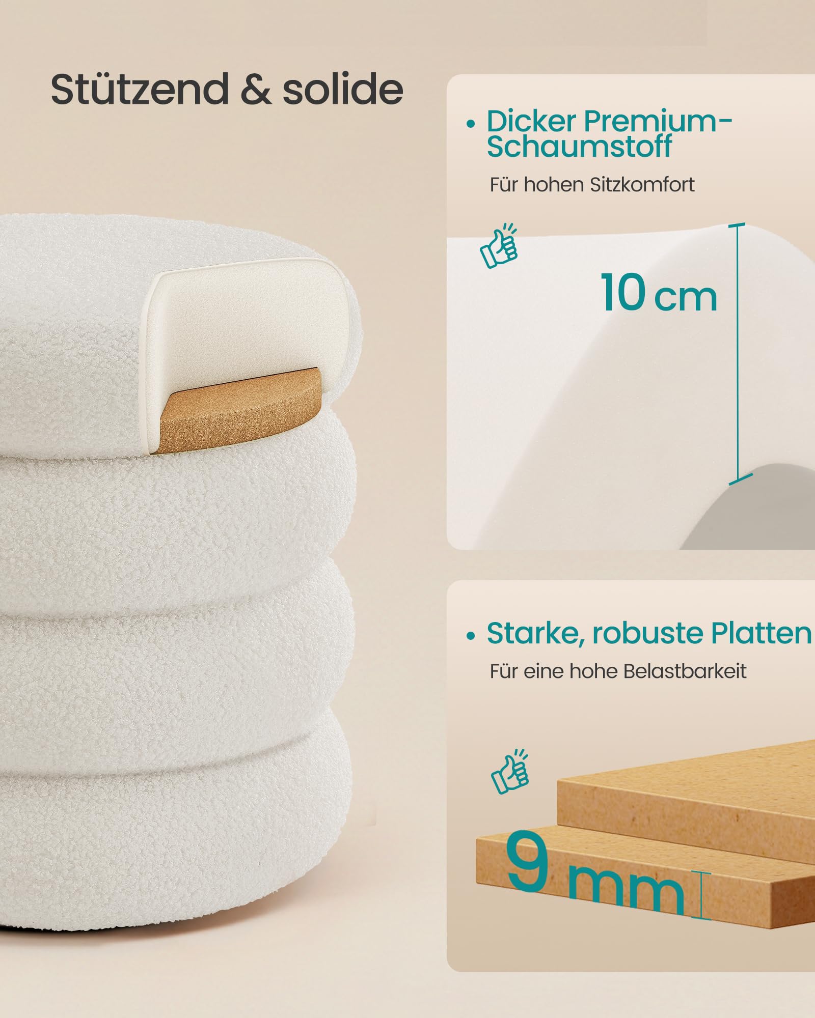 SONGMICS Polsterhocker mit Stauraum, runder Sitzhocker, 43 x 47 cm, weiß, Fleece