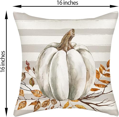 Miniatura 2 de Juego de 2 fundas de almohada de otoño de 16 x 16 pulgadas, diseño de calabaza a rayas grises para sofá, hojas de arce, cosecha de otoño, interiores