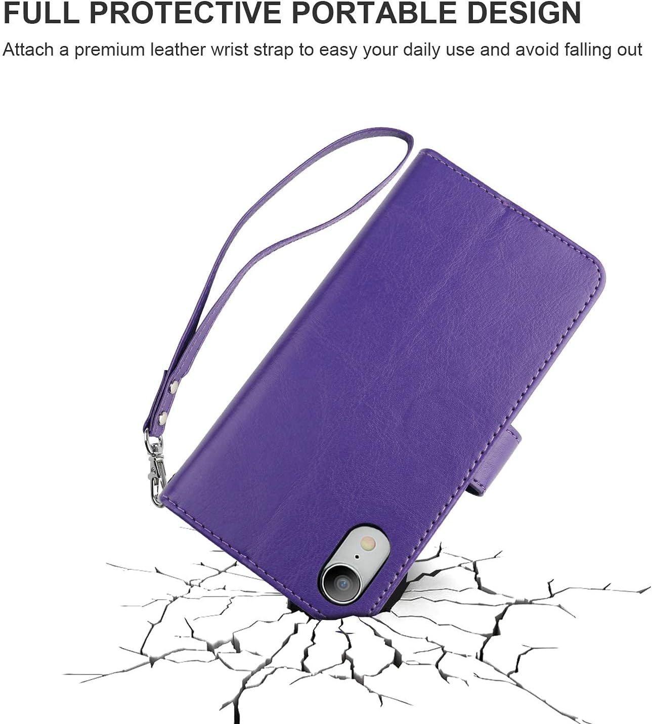 Bocasal for iPhone Xr Wallet Case with Card Holder PU Leather Magnetic Detachable Kickstand Shockproof Wrist Strap Removable Flip Cover for iPhone Xr 6.1 inch (Purple)