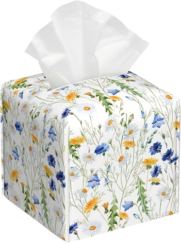 Miniatura 11 de Cubierta de caja de pañuelos cuadrada, soporte de caja de pañuelos de cuero con hierbas y flores silvestres, organizador decorativo para baño,