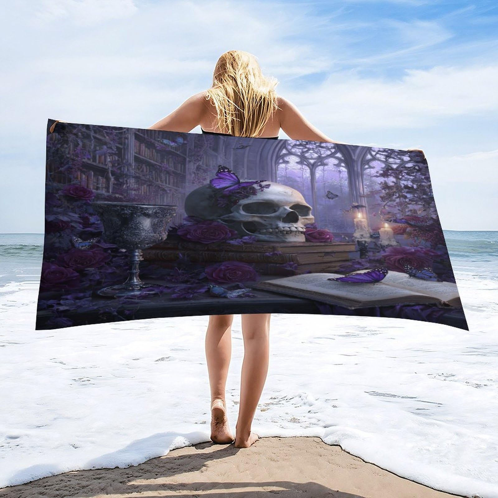 Luyysky Fantasy Abstract Gothic Bookshelves Quick-Drying Beach Towel, Rustic Oil Painting Skull Skeleton Roses Animal Butterflies Travel Vacation Single Sided Pile Bathroom Towels-80 W Cm X 160" L Cm
