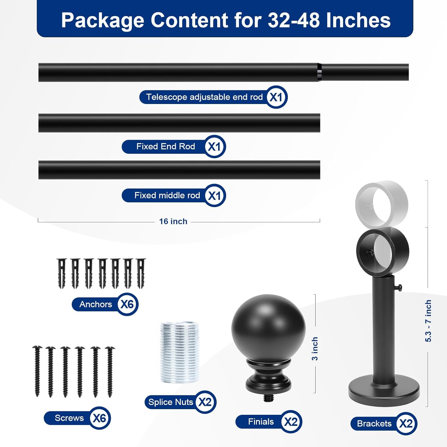 Curtain Rods for Windows 32 to 48 Inches, 1" Diameter Heavy Duty Short Black Curtain Rod Set Adjustable Length, Drapery Rods With Decorative Round Finials for Indoor Outdoor