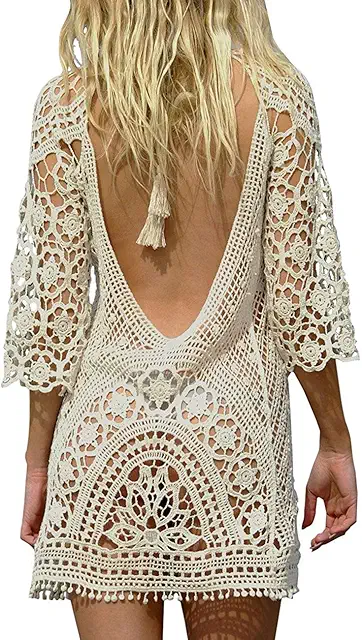 Robe en Crochet Femme Mini Plage Tunique Kimono Bikini Cover Up Dos Nu