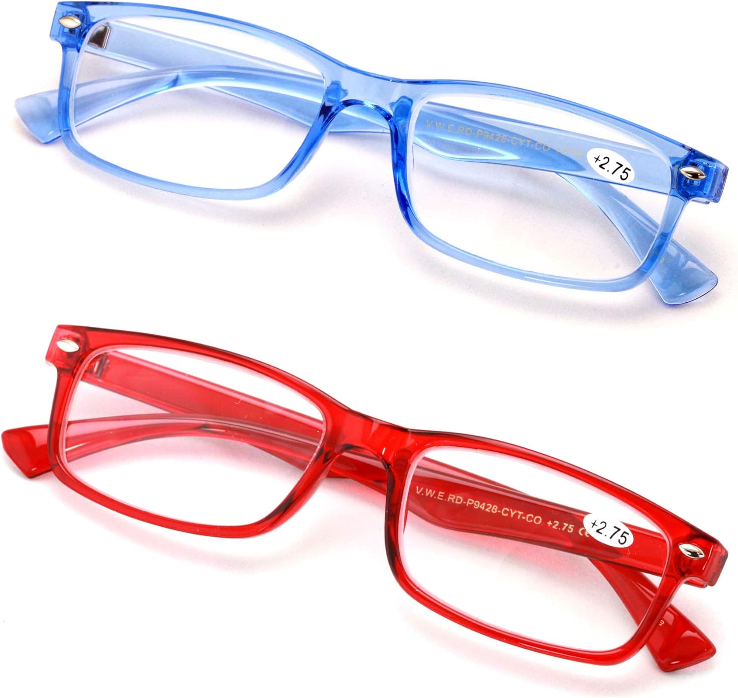 V.W.E. 2 Pairs Casual Rectangular Reading Glasses - Stylish Simple Readers Magnification Transparent Blue Red Clear