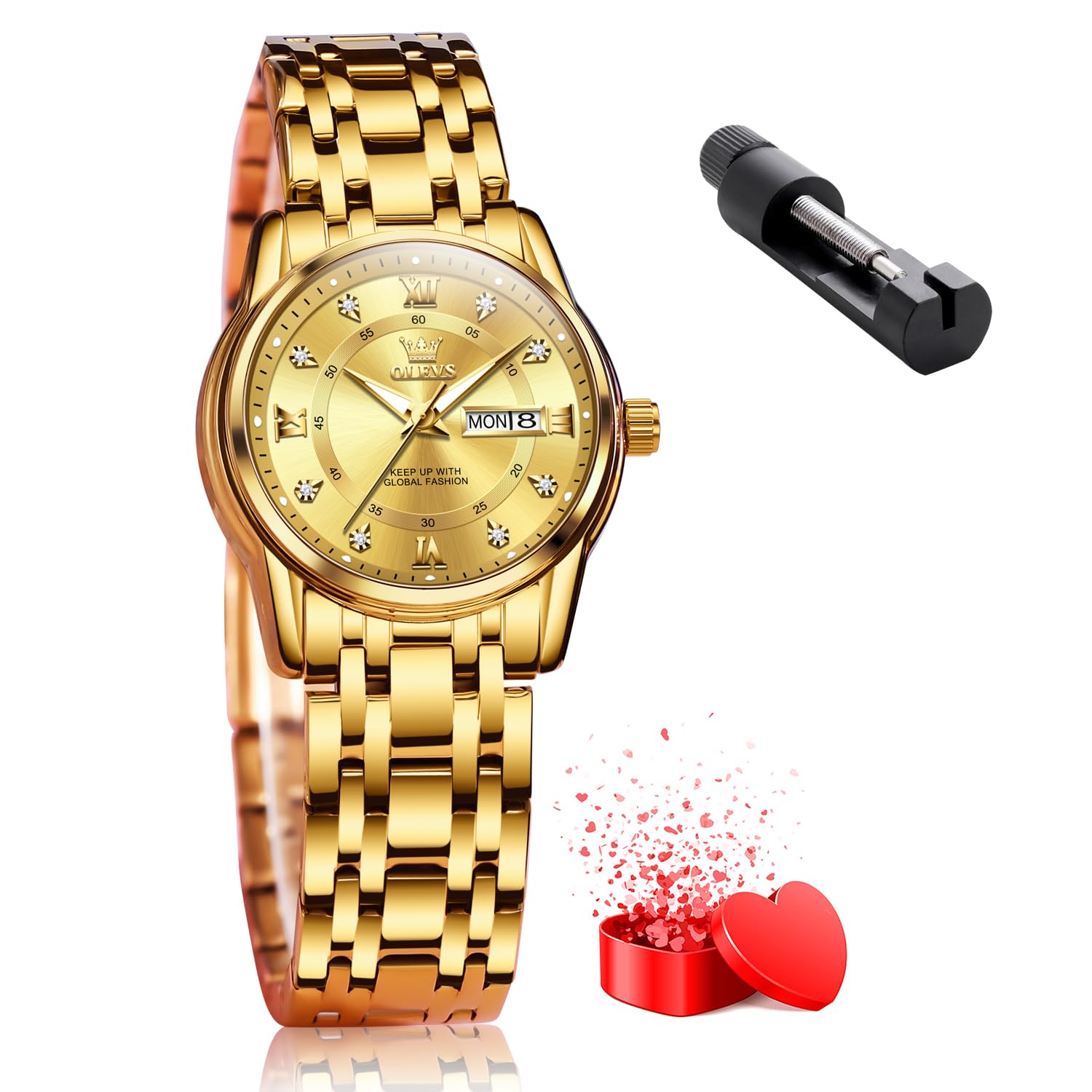 OLEVS Women Watches Gold Silver Stainless Steel Waterproof Analog Large Easy Reader Day Date Ladies Wrist Watches