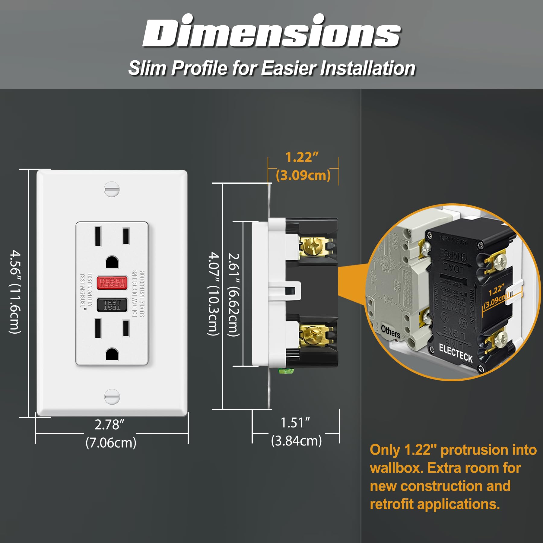Juego de 10 enchufes GFI ELECTECK 15A con placa de pared a prueba de manipulaciones, listados ETL, botón rojo/negro