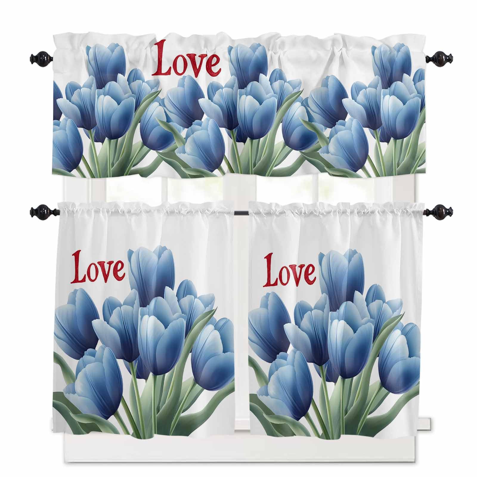 Navy Blue Tulip Kitchen Curtains 36 Inch Length, 3 Piece Rod Pocket Small Half Tiers and Valance Set, Luxury Farmhouse Botanical Flowers Small Large Window Treatment Decor for Bedroom/Bathroom Sink