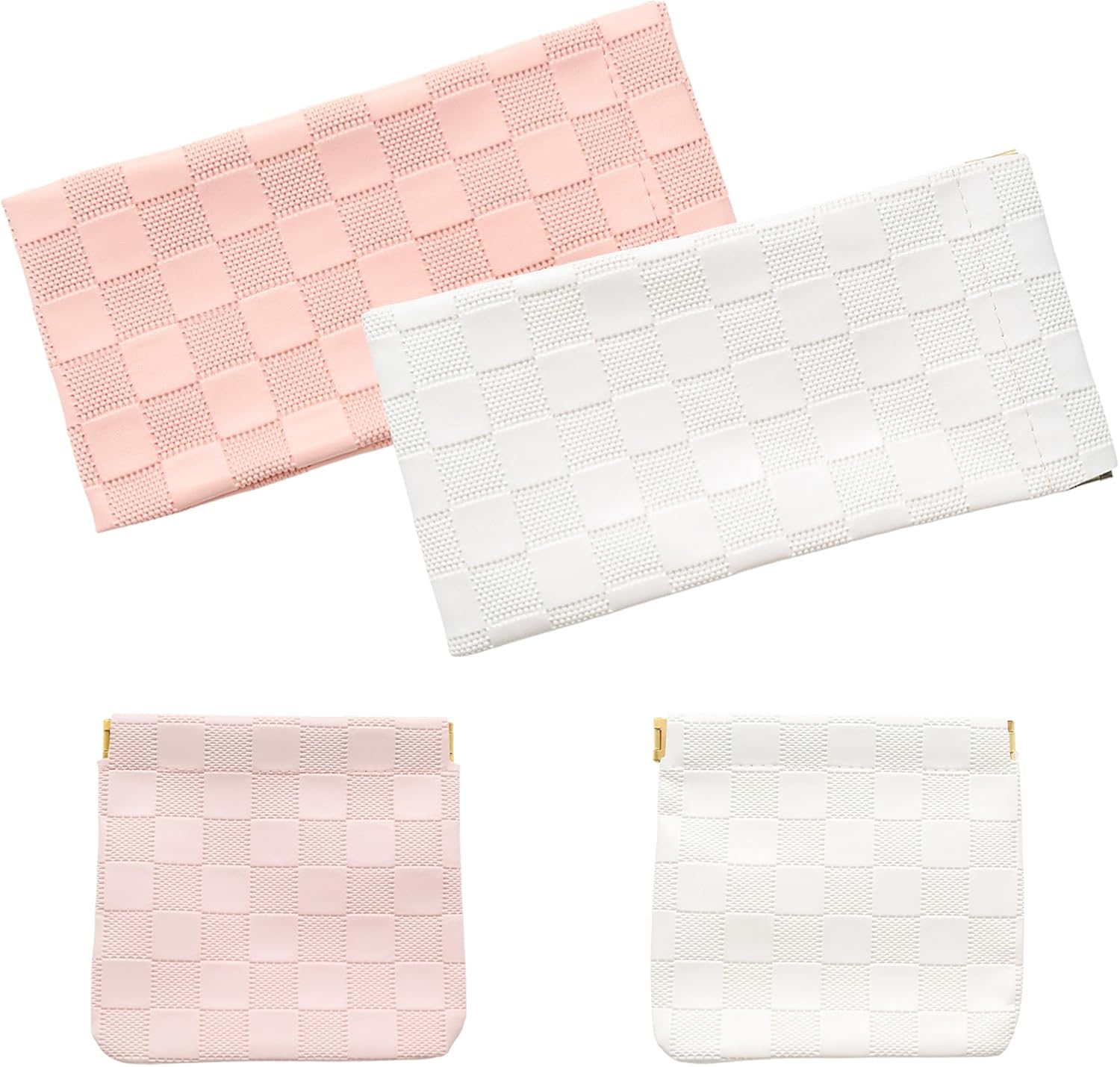 4Pcs Small Makeup Bag, No Zipper Checkered Purse, White & Pink