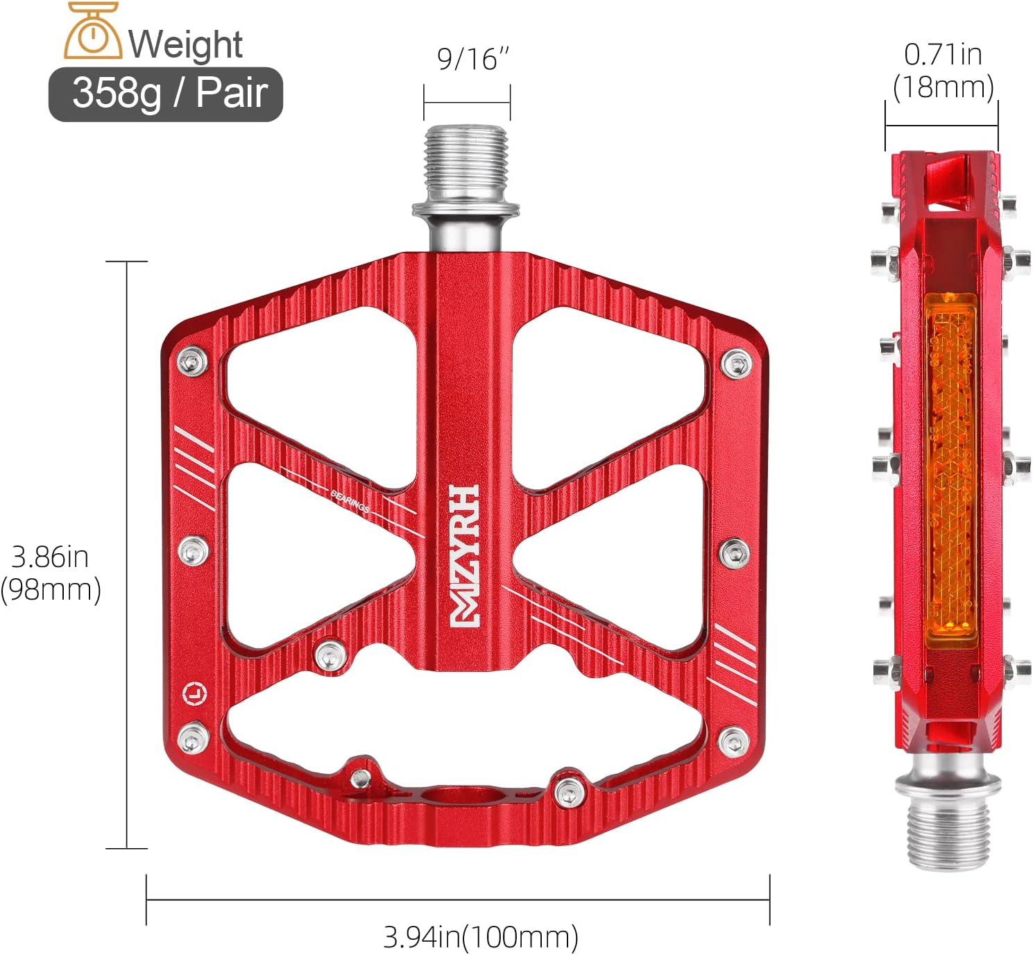 MZYRH Road/Mountain Bike Pedals,Bicycle Pedals with Reflectors,Aluminum Alloy MTB Pedals 3 Sealed Bearings Bicycle Platform Pedals 9/16" BMX Road Bike Pedal