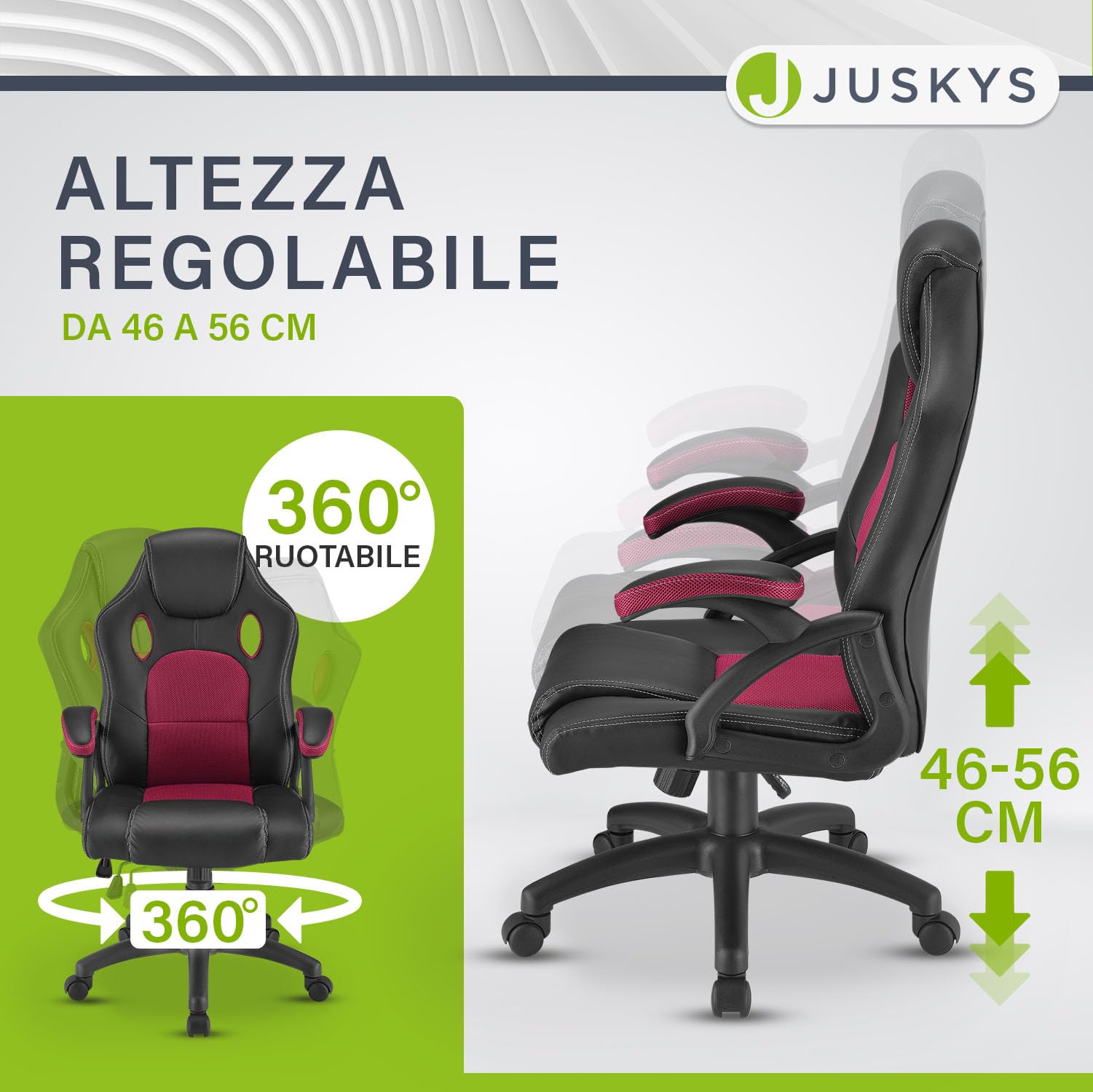 Juskys Sedia racing da scrivania Montreal bordeaux | Braccioli imbottiti e schienale ergonomico | Sedia da ufficio Sedia girevole Sedia da gaming