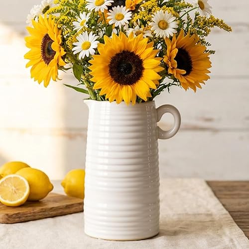 Kimdio White Ceramic Vase with Handle, Modern Farmhouse Pitcher Vases for Home Decor, Rustic Texture Pottery Vase, Decorative Flower Vase, Clay Vase, Centerpieces for for Living Room