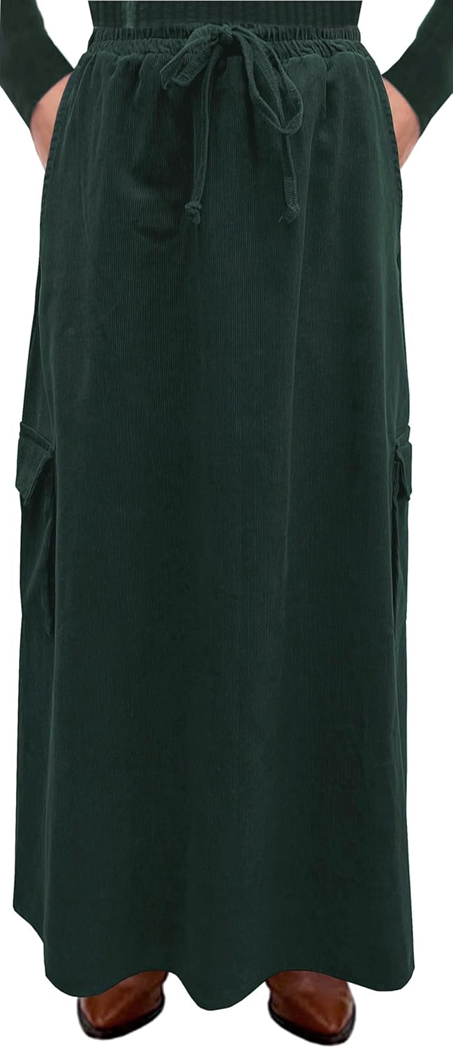 BABY O Womens 100% Cotton Corduroy Drawstring Elastic Waist Cargo Pocket Long Ankle Length Maxi Skirt, Made in USA