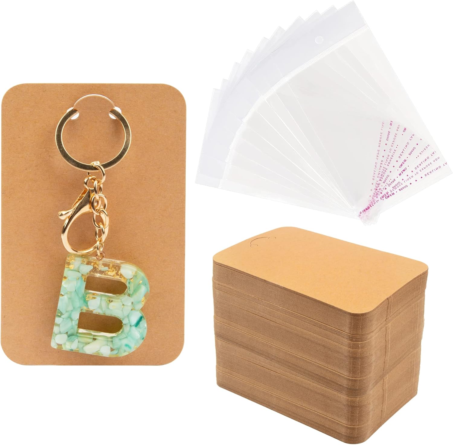 Temlum 100 Pcs Keychain Display Cards with Self-Sealing Bags, 3'' x 4.7'' Keychain Cards Holder for Display Keyring Cards Jewelry Packaging Supplies (Brown)
